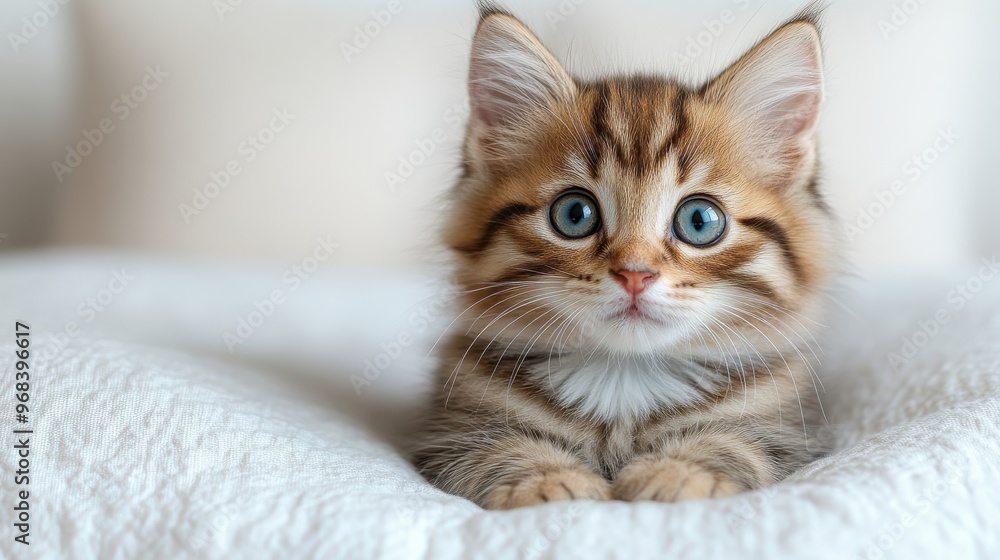 A close-up of a fluffy baby kitten sitting on a white background, with bright, curious eyes. A close-up of a fluffy baby kitten sitting on a white background, with bright, curious eyes.