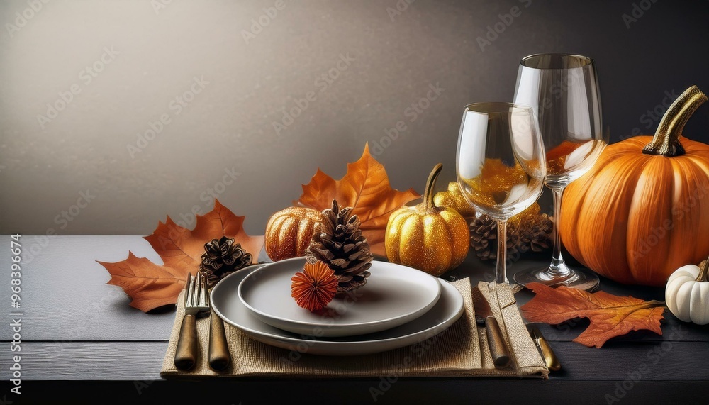 Naklejka premium Thanksgiving autumn fall seasonal table setting with cutlery and decoration, copy-space