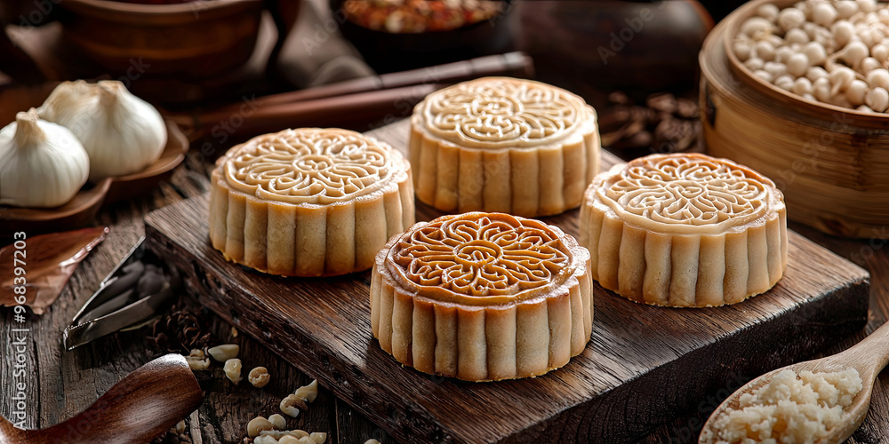 Mooncakes, a traditional Chinese food, generative AI Mooncakes, a traditional Chinese food, generative AI
