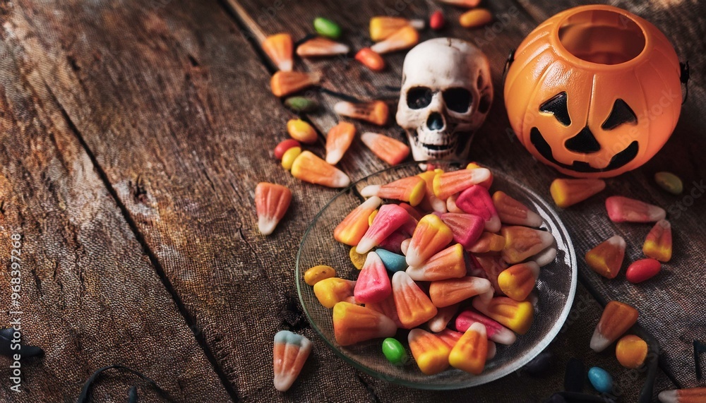 Halloween trick-or-treat festival Skull Candy with jack o'lanterns, cauldrons and broomsticks Halloween trick-or-treat festival Skull Candy with jack o'lanterns, cauldrons and broomsticks