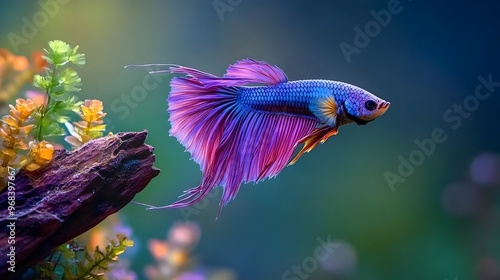 Graceful Betta Fish Swimming in Vivid Purple and Gold Hues
