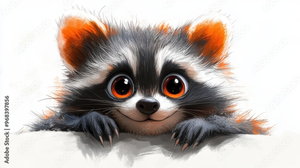 Obraz premium A cute cartoon raccoon with exaggerated eyes and a playful expression, isolated on a white background.