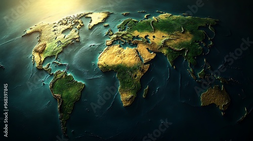 Illuminated 3D World Map with Raised Continents in Low Key Lighting