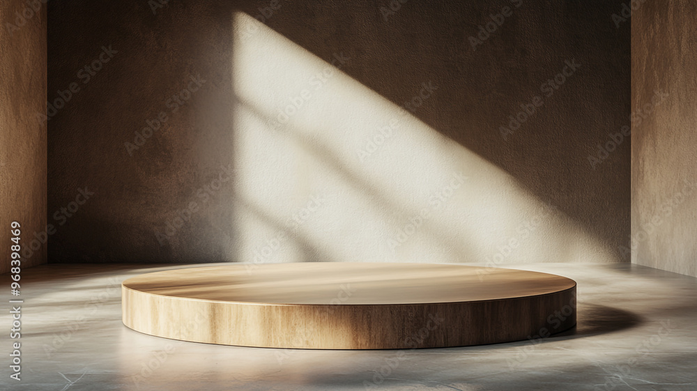 Minimalist wooden platform in softly lit room with subtle shadows in the late afternoon
