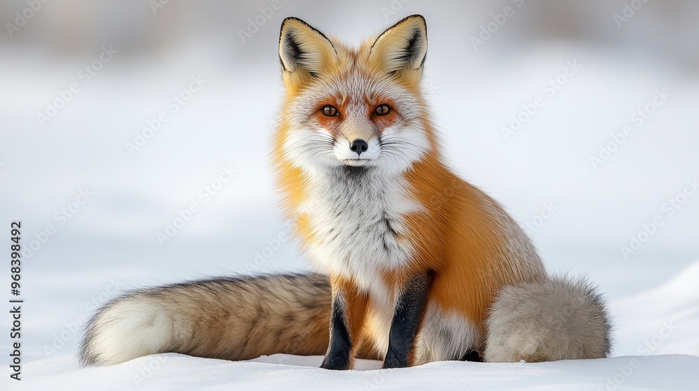 Fototapeta premium A fox with a bushy tail, sitting on a white surface, isolated.
