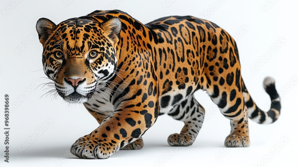 A jaguar prowling with a focused gaze, on a white background. A jaguar prowling with a focused gaze, on a white background.