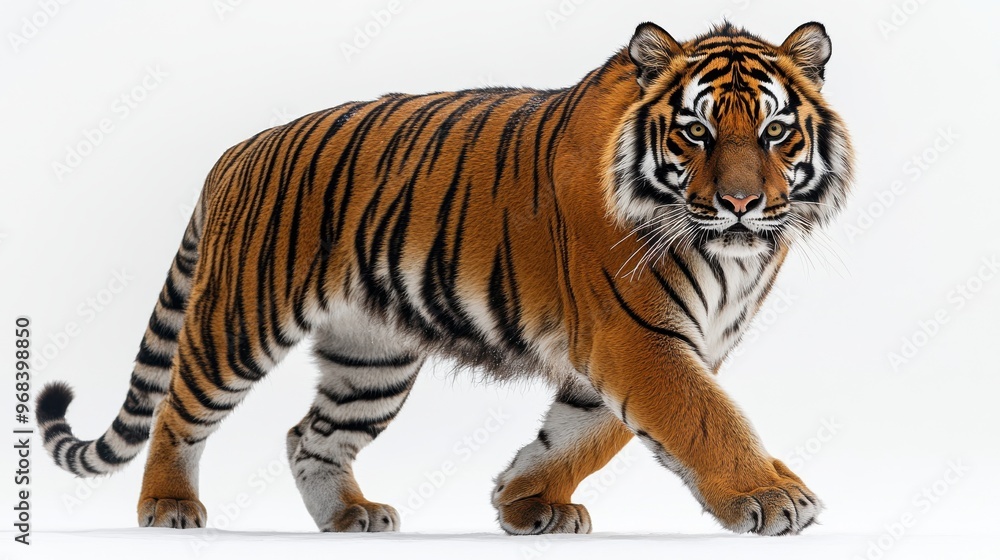 Naklejka premium A majestic tiger walking with a focused gaze, isolated on a white background.