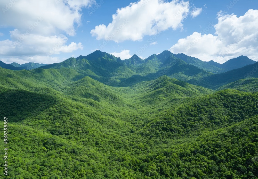 Naklejka premium Lush green mountains and cloudy sky