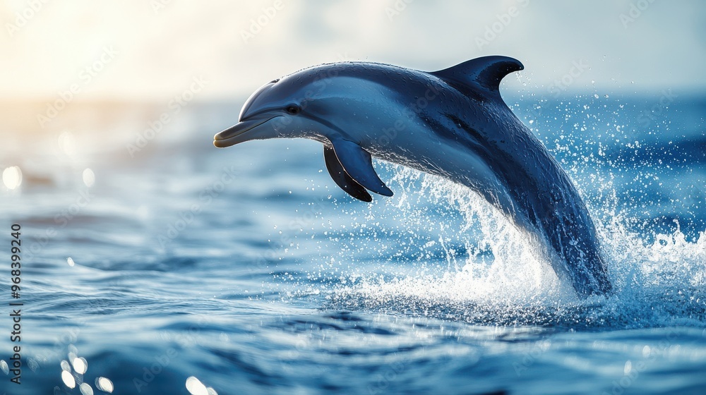 Fototapeta premium A playful dolphin jumping out of the water, isolated on a white background.