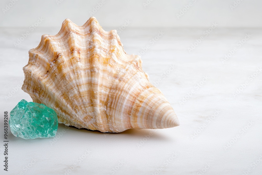Seashell and emerald crystal on white background Seashell and emerald crystal on white background
