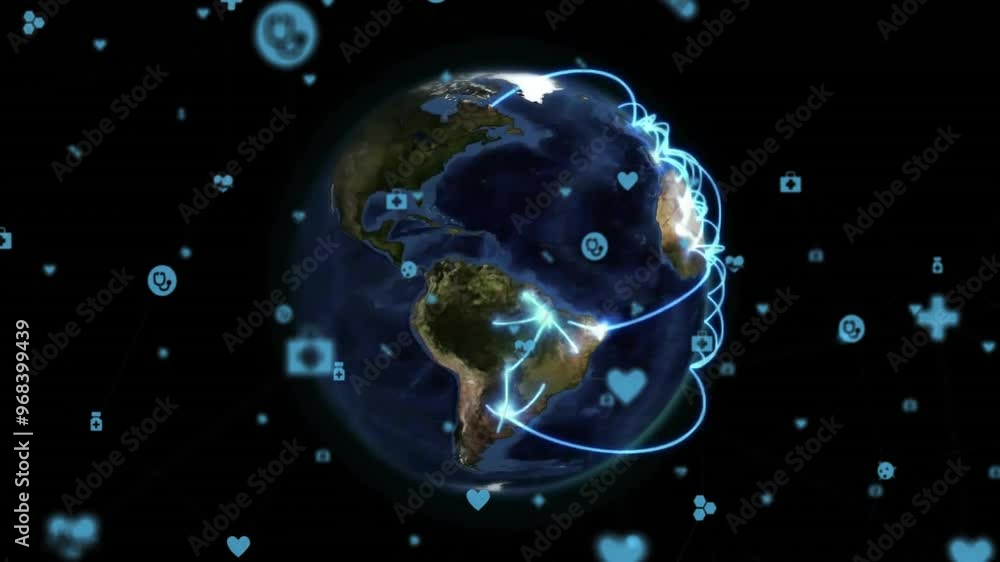 Animation of network of connections with icons over globe on black background Animation of network of connections with icons over globe on black background