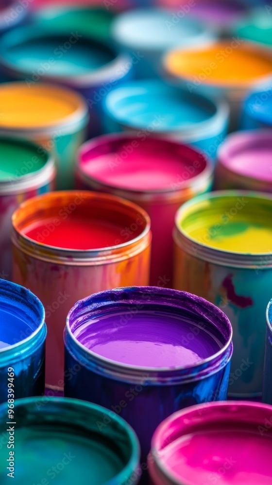 Open paint cans filled with vibrant colors Open paint cans filled with vibrant colors