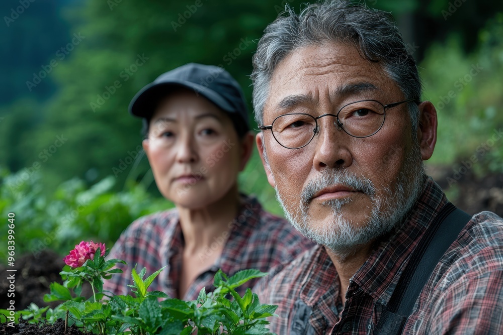 Fototapeta premium senior asian couple gardening in nature