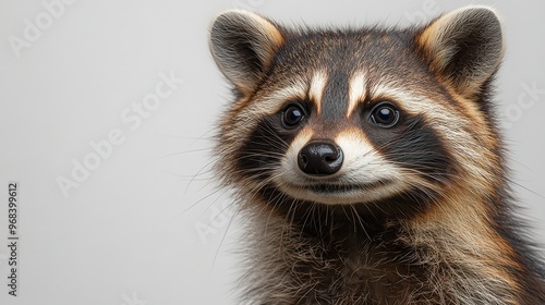 A raccoons face in profile view, showcasing its pointed snout and fur details, on a white background.