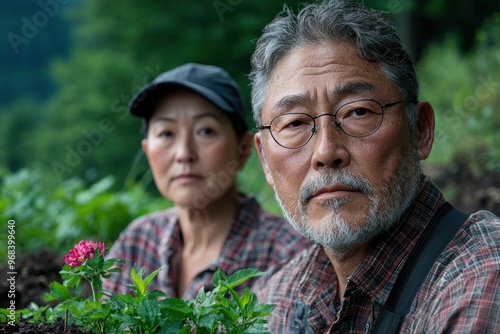 senior asian couple gardening in nature