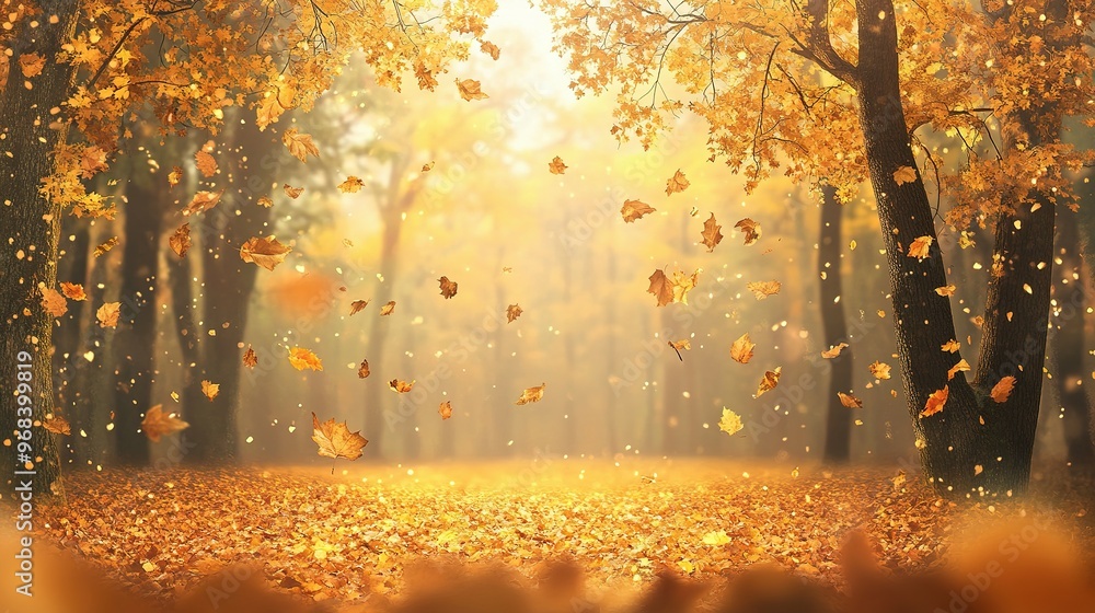 Fototapeta premium Golden Autumn Leaves Falling in a Forest