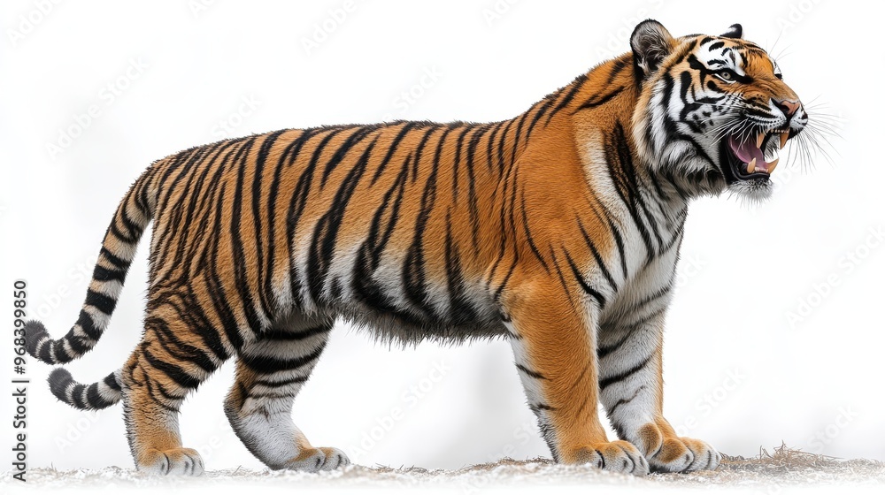 Fototapeta premium A side profile of a tiger roaring, with detailed fur and stripes, on a white background.