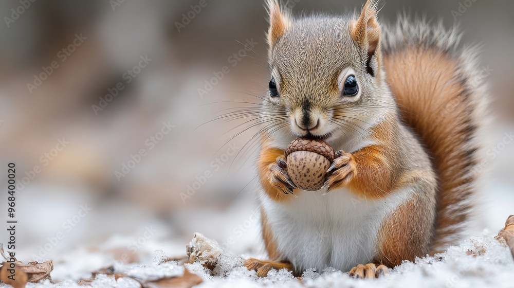 A small, fluffy baby squirrel holding an acorn, isolated on a white background. A small, fluffy baby squirrel holding an acorn, isolated on a white background.