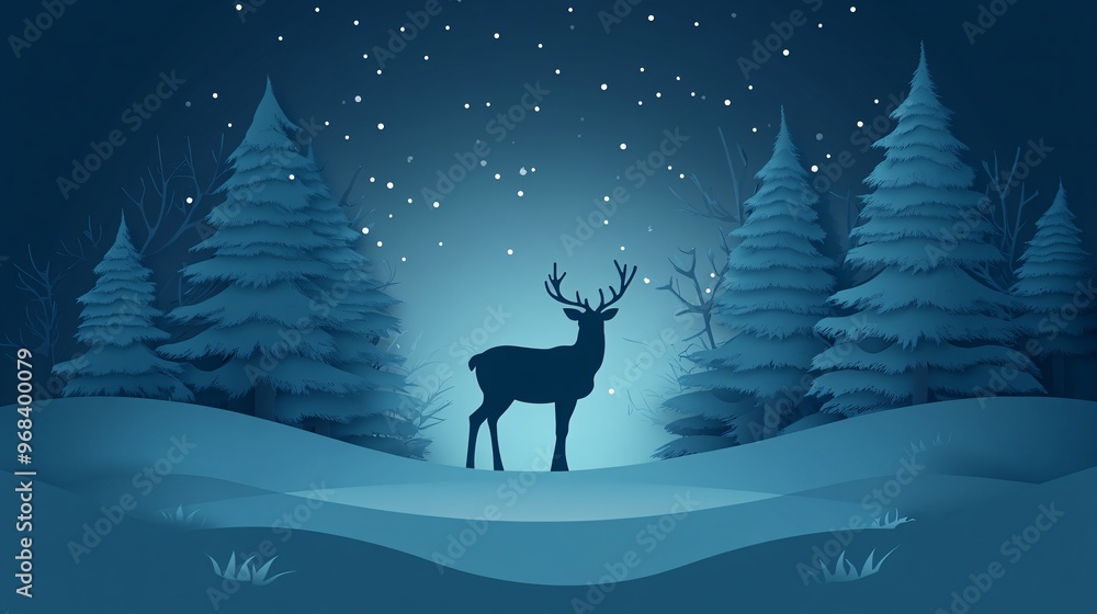 A serene silhouette of a deer stands among snow-covered trees under a starry night sky. A serene silhouette of a deer stands among snow-covered trees under a starry night sky.