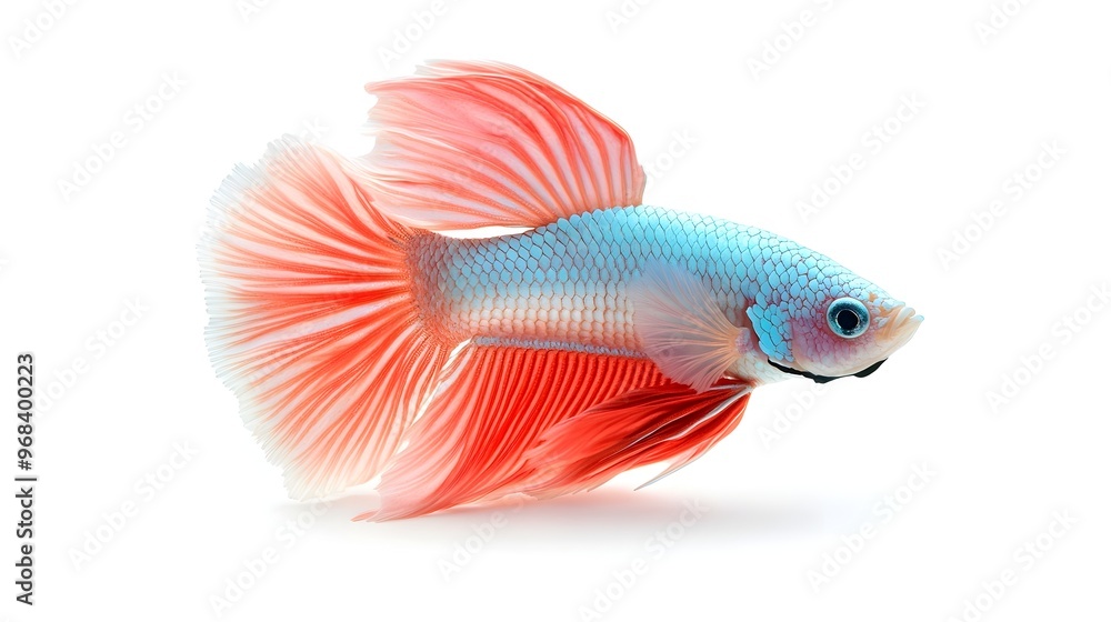 Fototapeta premium Majestic Betta Fish with Flowing Fins Swimming Gracefully Against Clean White Background