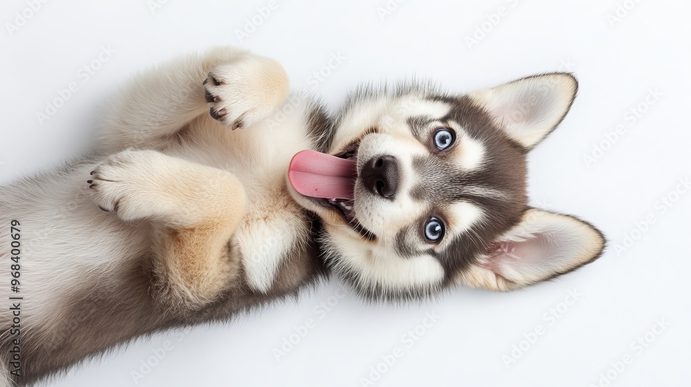 Playful Alaskan Malamute Puppy Relaxing - Top View Funny Portrait on White Background Playful Alaskan Malamute Puppy Relaxing - Top View Funny Portrait on White Background