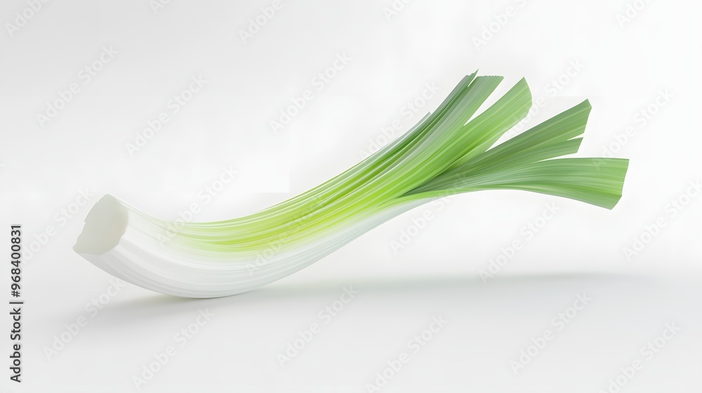 17. **A 3D render of a falling slice of leek, its layered green and white parts detailed against a pristine white background 17. **A 3D render of a falling slice of leek, its layered green and white parts detailed against a pristine white background