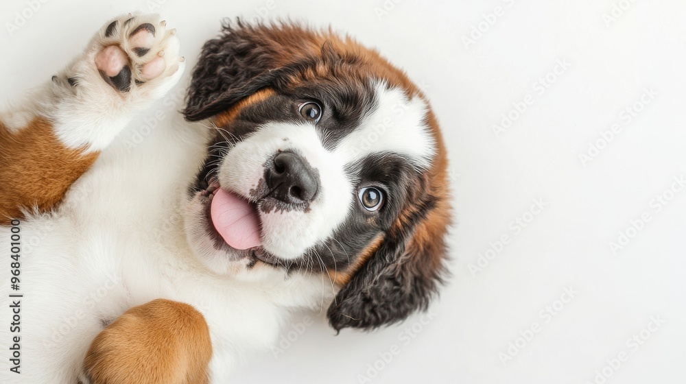 Adorable St. Bernard Puppy Playfully Lying on Back, Cute Expression, White Background View from Above Adorable St. Bernard Puppy Playfully Lying on Back, Cute Expression, White Background View from Above