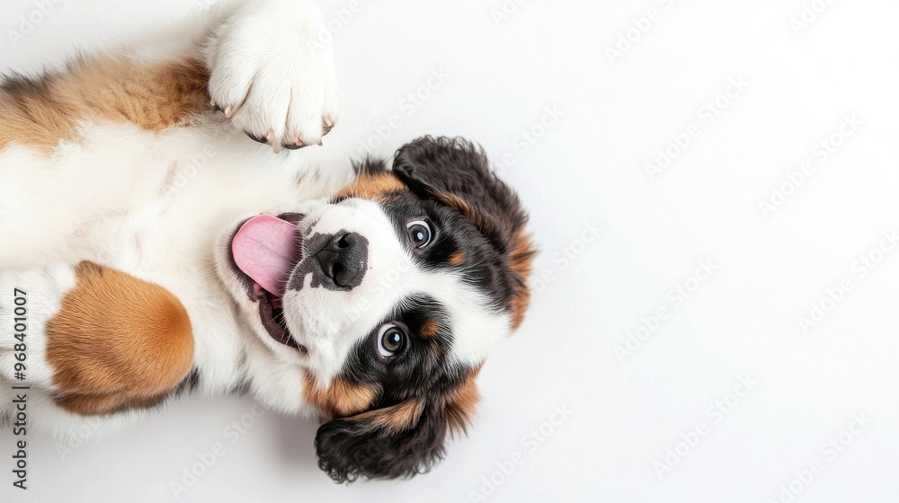 Happy St. Bernard Puppy with Playful Expression Lying on Back on White Background Happy St. Bernard Puppy with Playful Expression Lying on Back on White Background