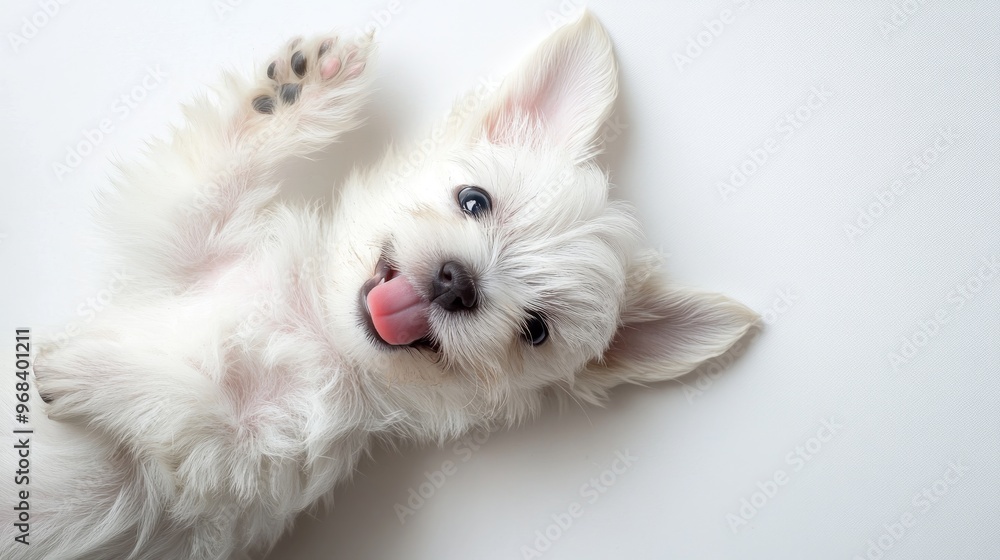 Obraz premium Playful West Highland White Terrier Puppy with Big Eyes and Tongue Sticking Out in Funny Pose on White Background - View from Above