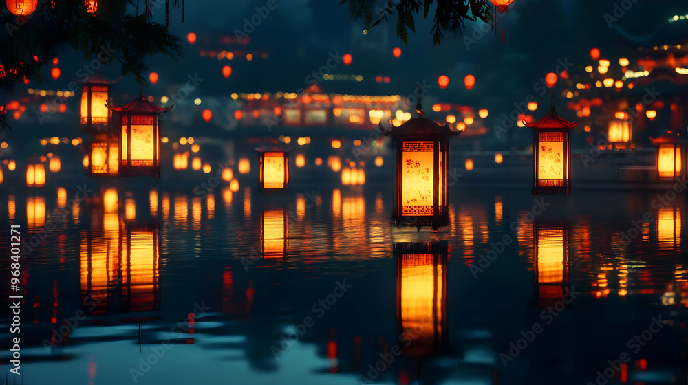 Illuminated Riverfront Town - Photo Illuminated Riverfront Town - Photo