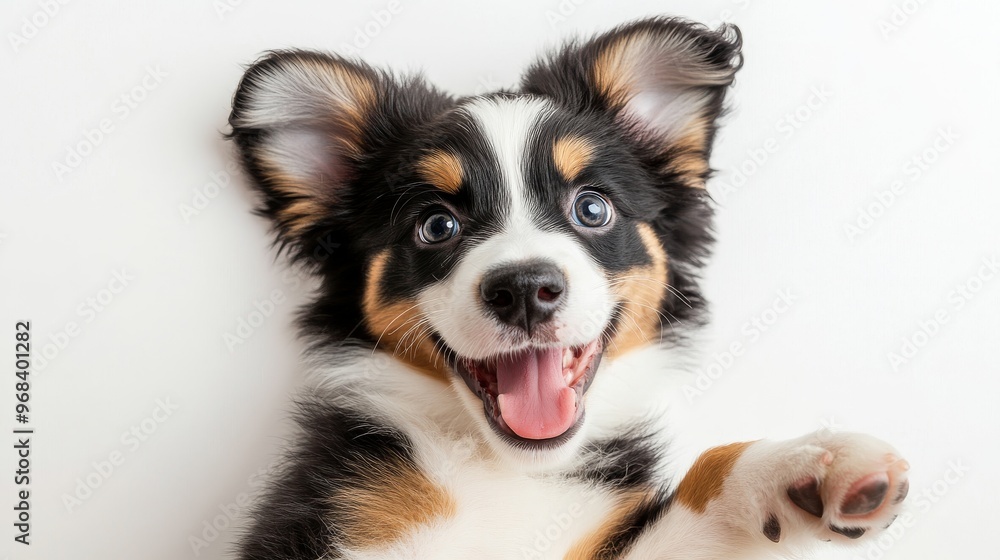 Fototapeta premium Cute Australian Shepherd Puppy Playfully Relaxing Top-Down View on White Background