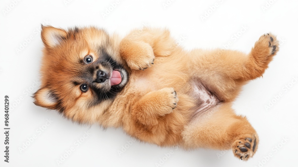 Fototapeta premium Adorable Chow Chow Puppy with Funny Expression Lying on Back | Sweet Pet Portrait with Tongue Out on White Background