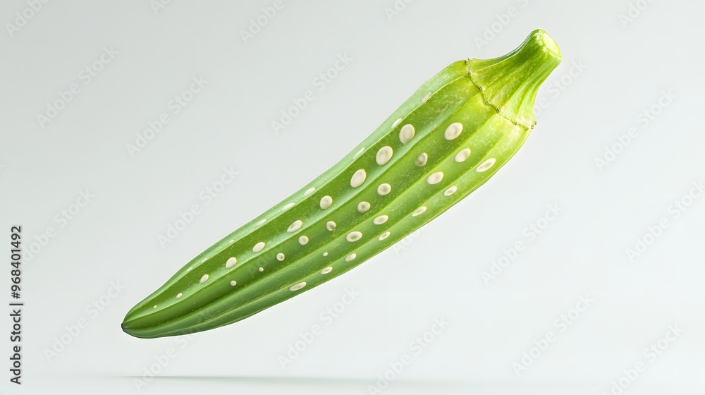 23. **A 3D render of a falling slice of okra, its green pod and textured surface detailed against a pristine white background 23. **A 3D render of a falling slice of okra, its green pod and textured surface detailed against a pristine white background