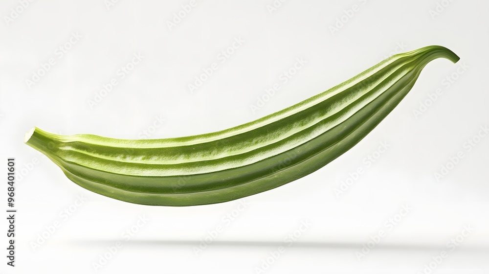 23. **A 3D render of a falling slice of okra, its green pod and textured surface detailed against a pristine white background 23. **A 3D render of a falling slice of okra, its green pod and textured surface detailed against a pristine white background