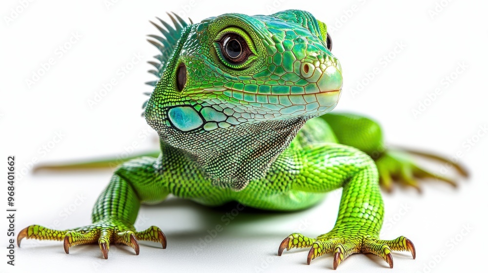 Obraz premium A young iguana with vibrant green scales, isolated on a white background.