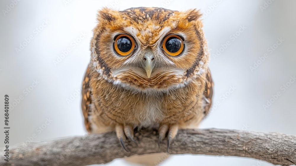 Naklejka premium A young owl with large, expressive eyes, perched on a branch against a white background.