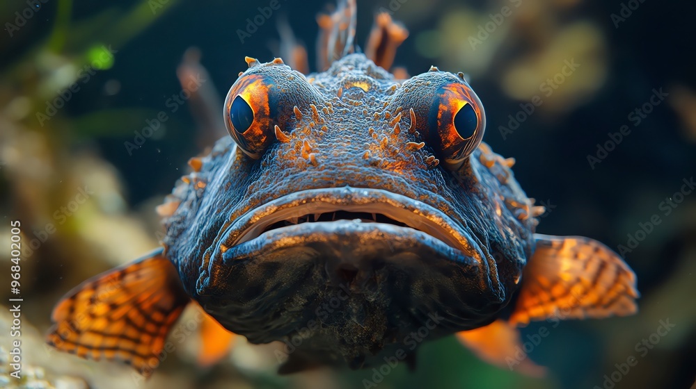 A vibrant underwater close-up of an orange and blue fish displaying unique features and captivating expressions among coral. A vibrant underwater close-up of an orange and blue fish displaying unique features and captivating expressions among coral.
