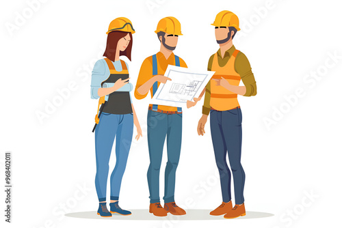 Fusion illustration of three people in construction and helmets, one holding a paper with blueprints on it, Generative AI