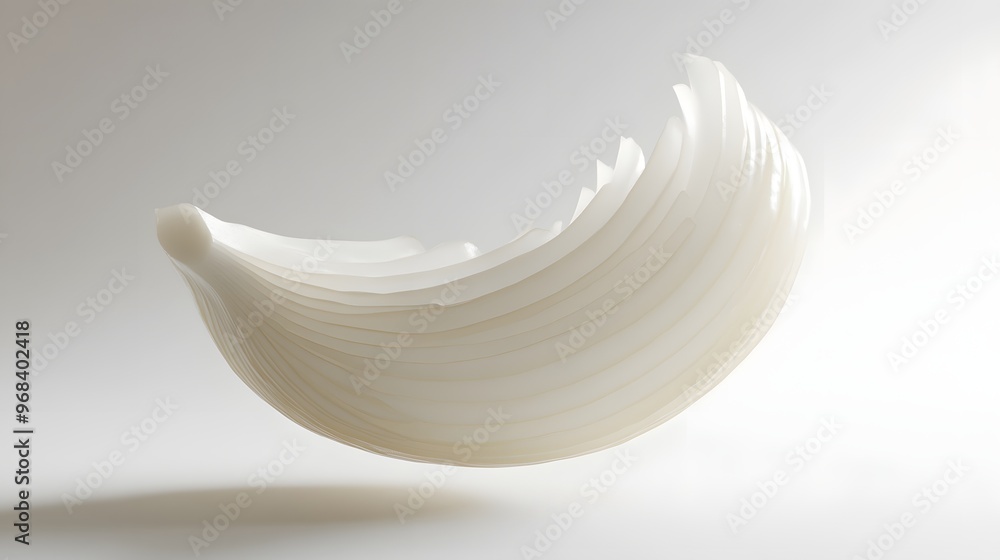 5. **A 3D render of a falling slice of onion, its white, layered rings and crisp texture set against a pristine white surface 5. **A 3D render of a falling slice of onion, its white, layered rings and crisp texture set against a pristine white surface