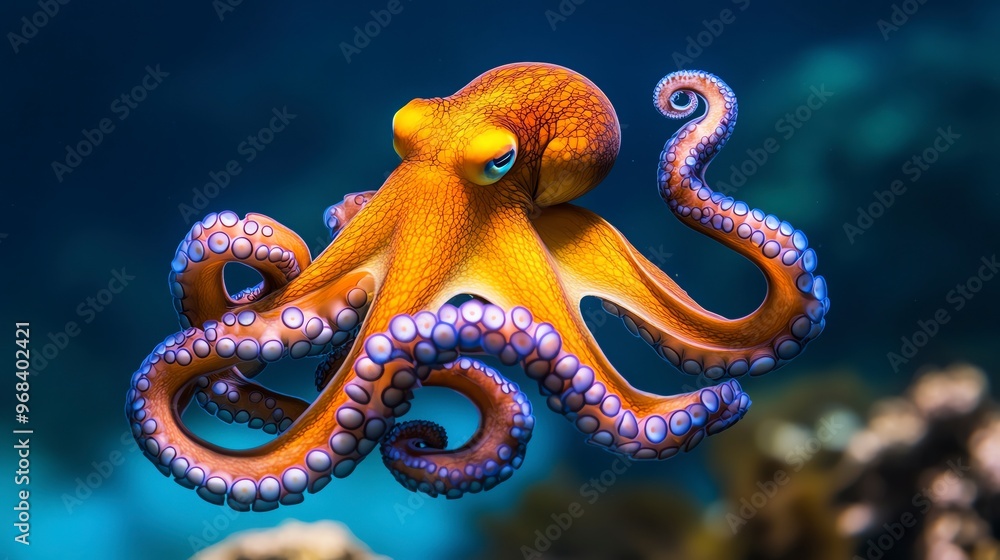 Obraz premium Blueringed octopus floating in shallow, clear water, its glowing blue rings pulsing against its yellow skin, BlueRinged Octopus, deadly sea creature