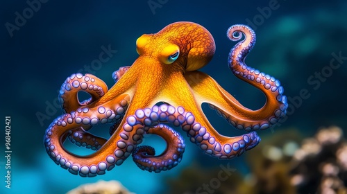 Blueringed octopus floating in shallow, clear water, its glowing blue rings pulsing against its yellow skin, BlueRinged Octopus, deadly sea creature photo