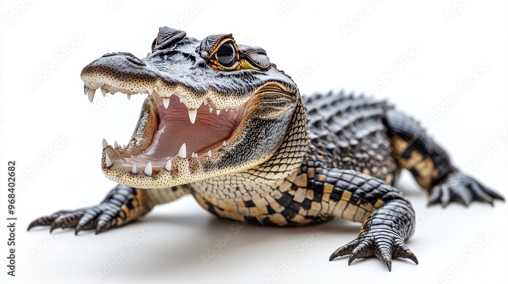 Obraz premium Alligator lying still with its mouth open on a white background, ready to snap