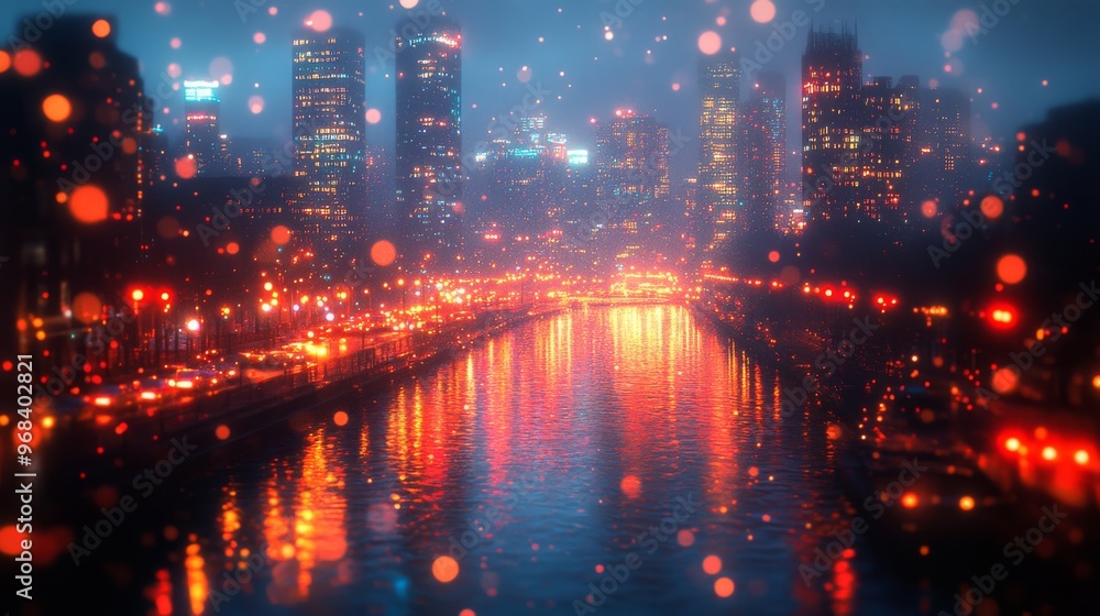 Fototapeta premium Cityscape with a River Reflecting Lights at Night