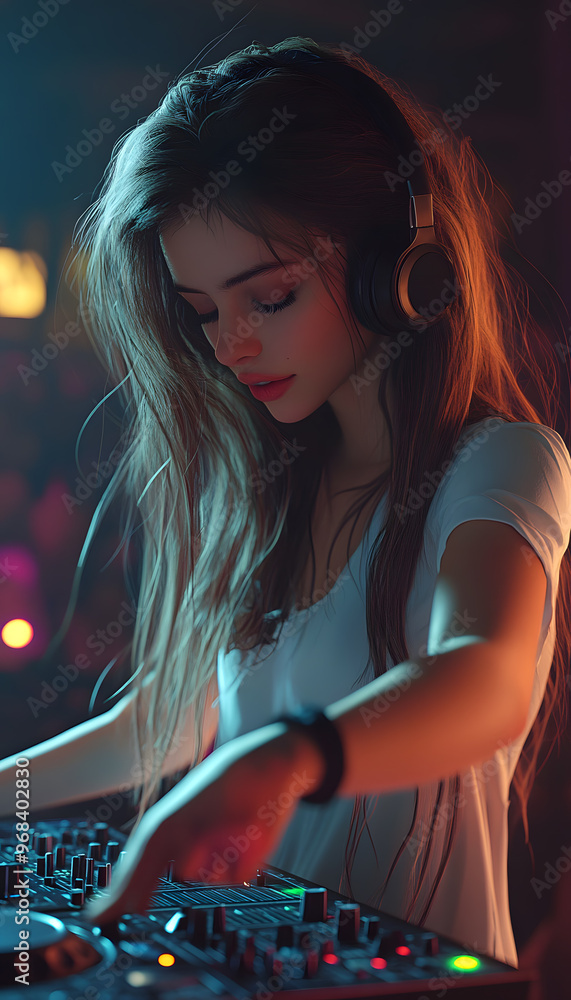Naklejka premium A young and beautiful female DJ performing , Photo realistic
