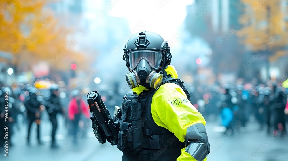 Police Officer Holding Tear Gas Launcher During Crowd Control Drill Police Officer Holding Tear Gas Launcher During Crowd Control Drill