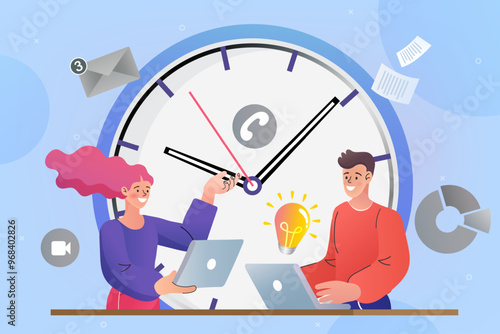 A concept of teamwork and productivity, featuring colleagues brainstorming an idea together to meet a deadline. A modern illustration of collaboration and efficiency.