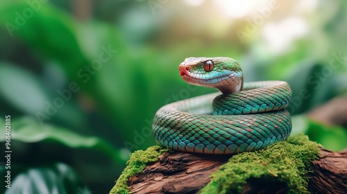 Malayan Pit Viper coiled around a mosscovered log, hidden in a dense tropical forest, sunlight filtering through the trees, Malayan Pit Viper, lethal pit viper photo