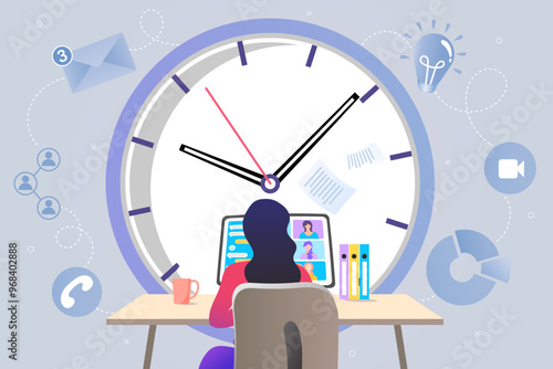 A concept of productivity and time management, featuring a professional working efficiently under the pressure of a deadline, symbolized by a large clock.