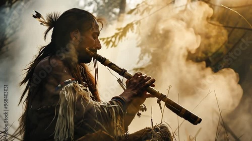 Native American man playing the flute in a forest with mystical smoke
