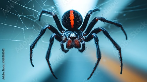 Redback Spider suspended on its web in a dimly lit corner, its red stripe glowing in the shadows, Redback Spider, dangerous Australian spider photo